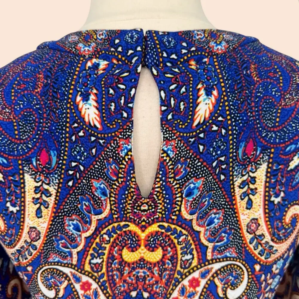 Boho Paisley Beaded Neck Cocktail Sheath Dress Teal Multi Size 10